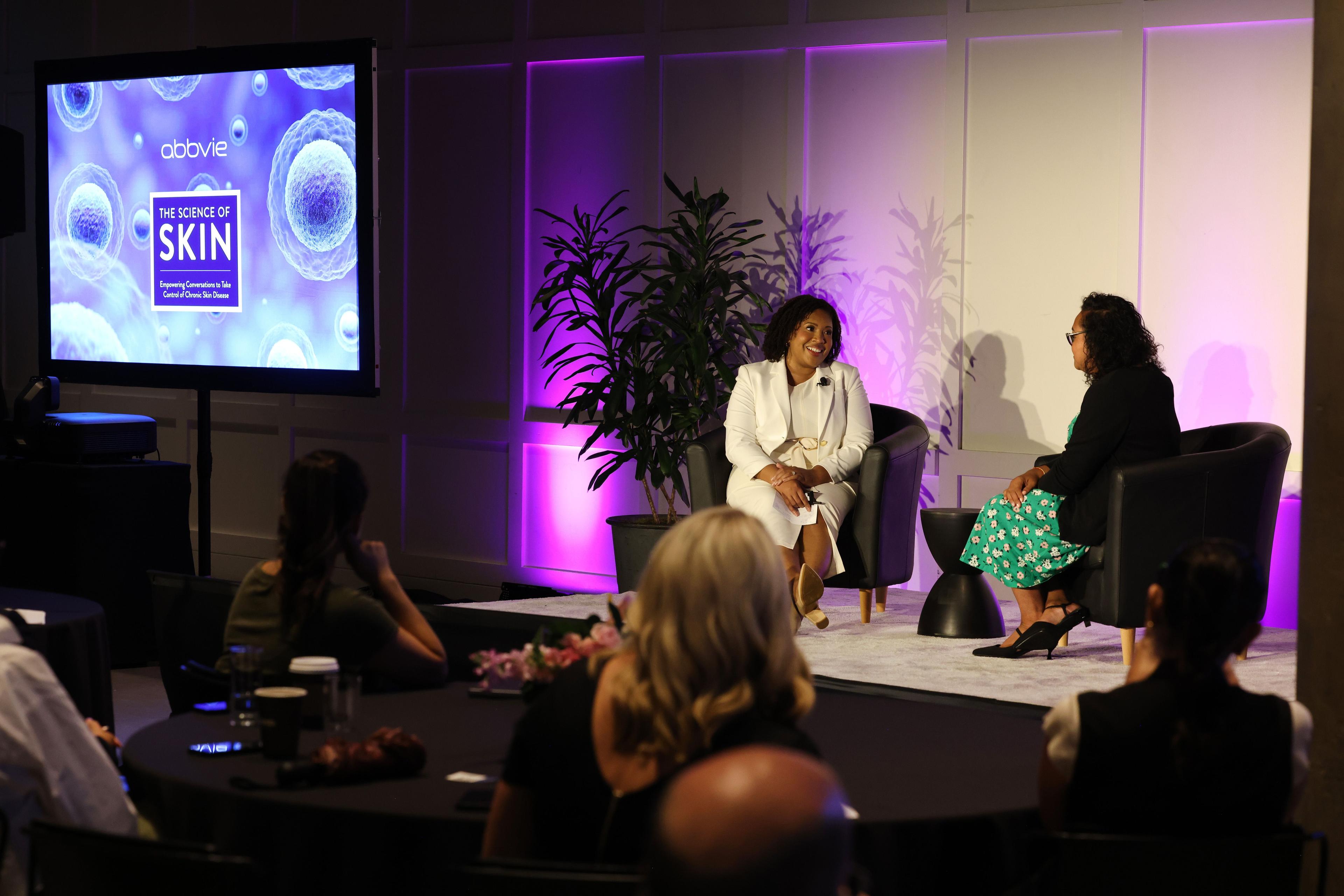 Board-certified Dermatologist, Chesahna Kindred, ​MD, MBA, FAAD​, left, and psoriasis patient and community advocate, Brenda Kong-Tunac share their insights during the “Science of Skin: Empowering Conversations to Take Control of Chronic Skin Disease,” media event, presented by AbbVie, Thursday, Aug. 8, 2024 in New York. (Jason DeCrow/AP Content Services for AbbVie)