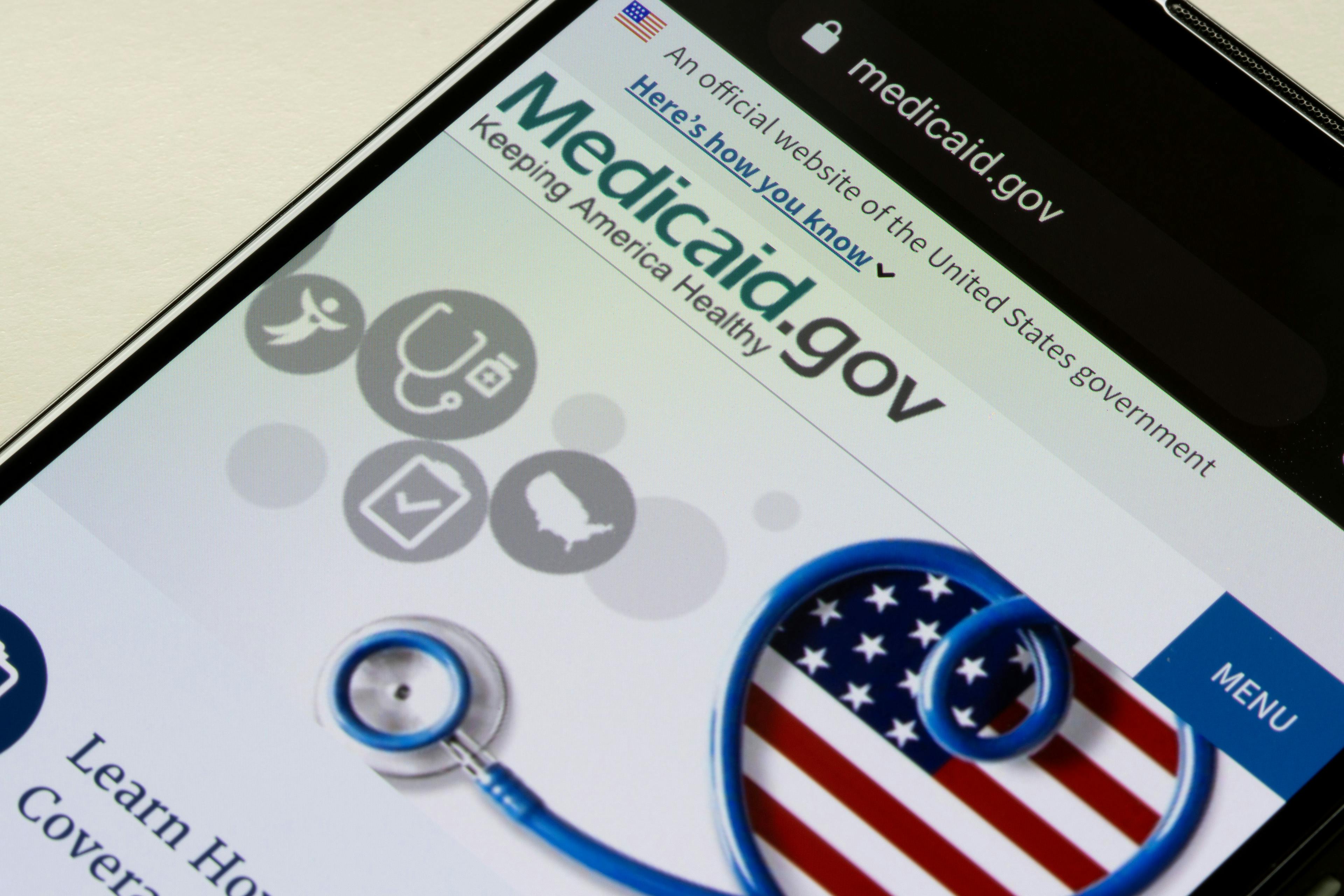 Closeup of the homepage of Medicaid.gov seen on a smartphone
